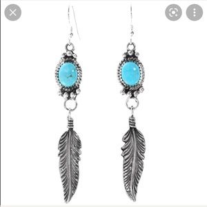 Silver Turquoise Feather earrings Indian native bohoiemian  jewelry
